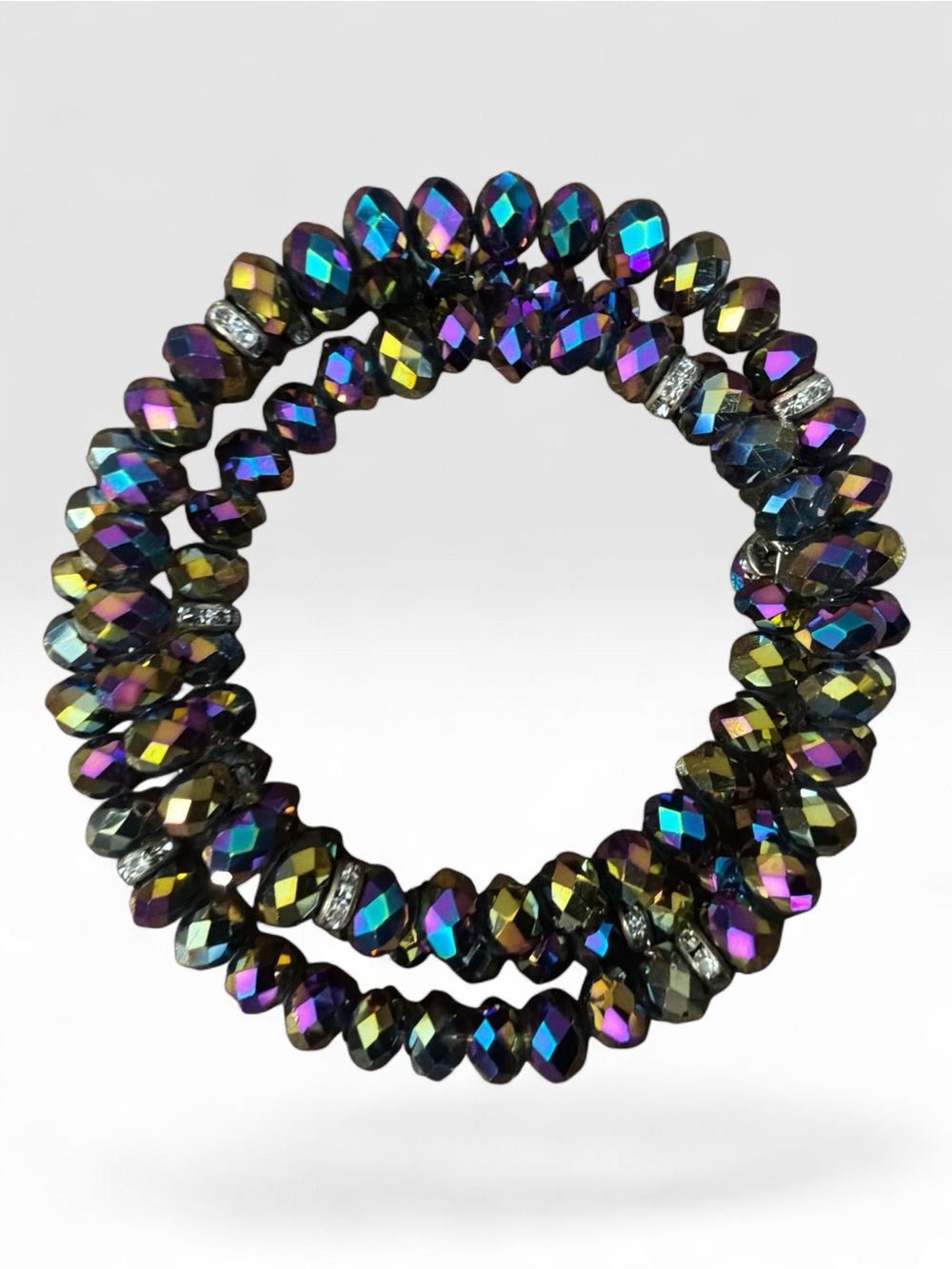 Rainbow AB Bead Memory Wire Wrap Bracelet Faceted Beads Silver Tone Spacers